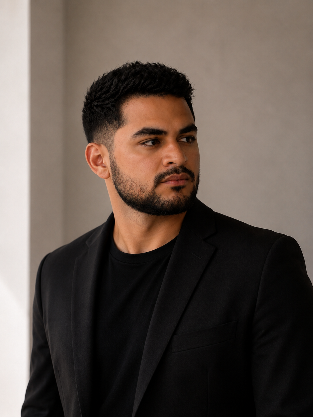 A man with dark hair and a beard wearing a black blazer over a black shirt, looking to his left against a grey background.