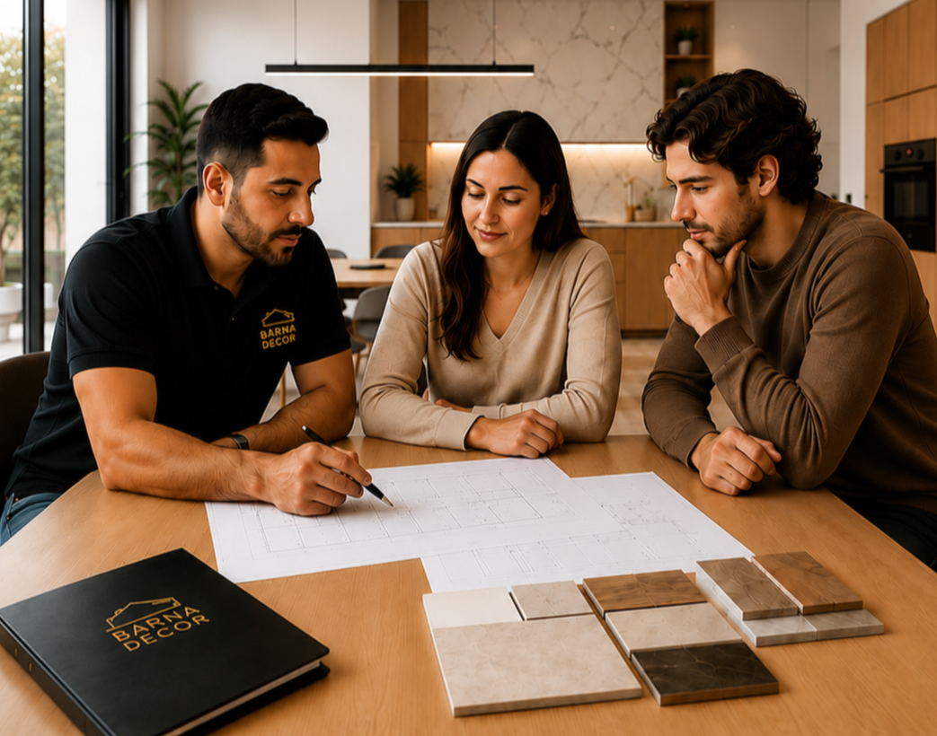 Equipo de Reformas Barna Decor planificando una reforma con el cliente en Barcelona.