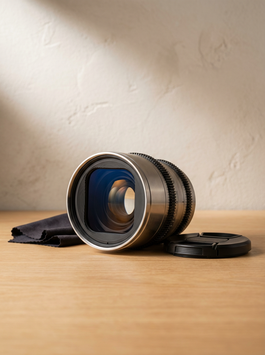 Close-up of a camera lens with a lens cap and cleaning cloth on a wooden surface.