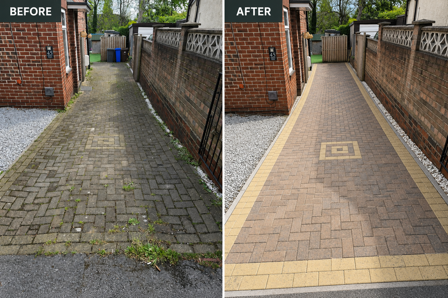 Comparison of a backyard pathway before and after being repaved; the before side has weathered, uneven, dark grey bricks with weeds growing through, while the after side features clean, new, light brown brick pavers with a decorative border and pattern.