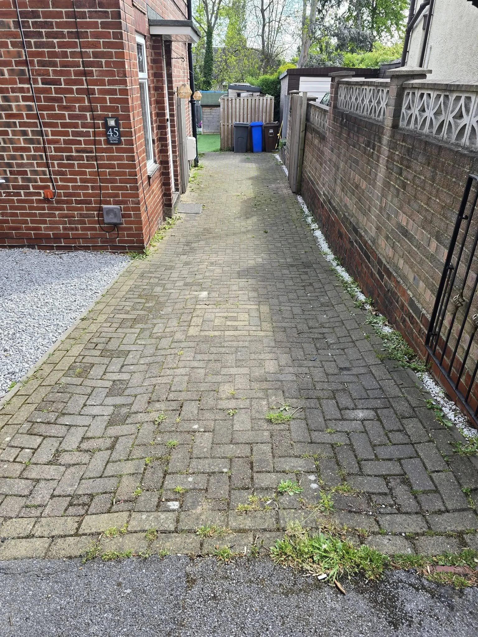 A narrow brick driveway between a brick house and a brick wall, with some weeds and grass growing through the cracks, and trash bins at the end of the driveway.