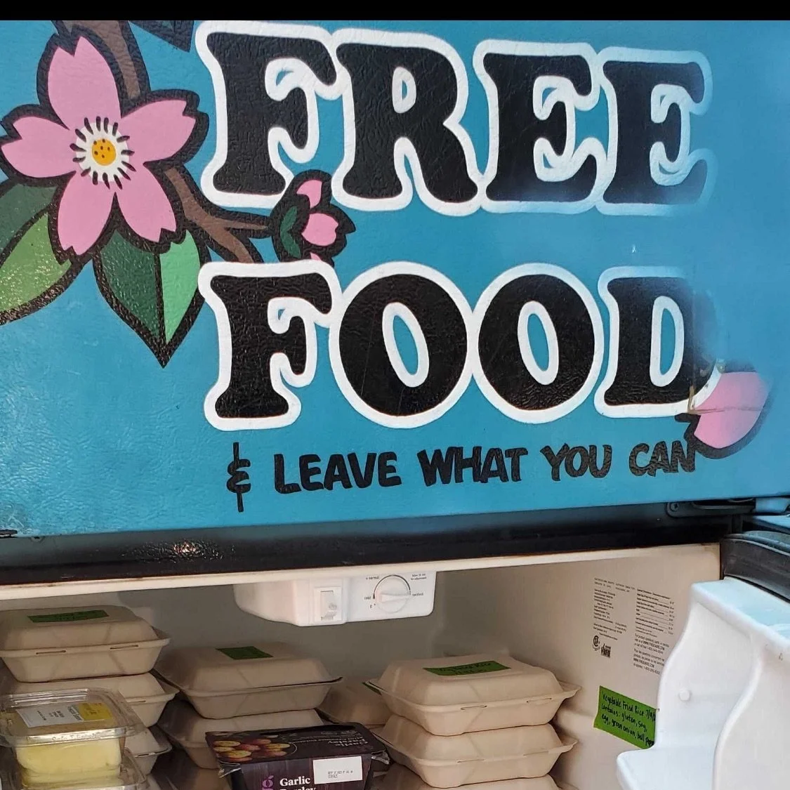 a picture of a painted fridge boldly displaying the phrase "free food"