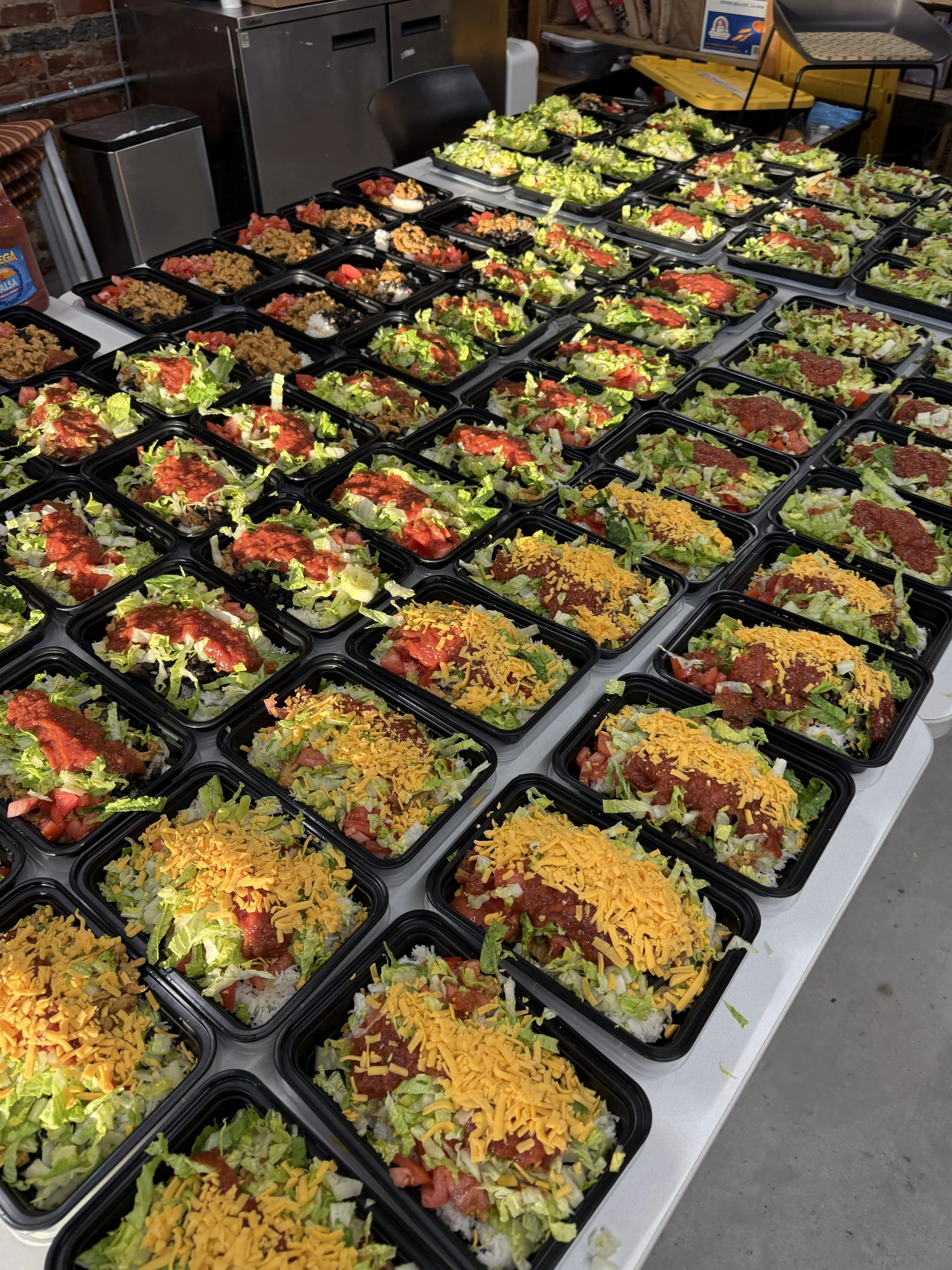 Rows of prepared food  ready for distribution to the community fridges
