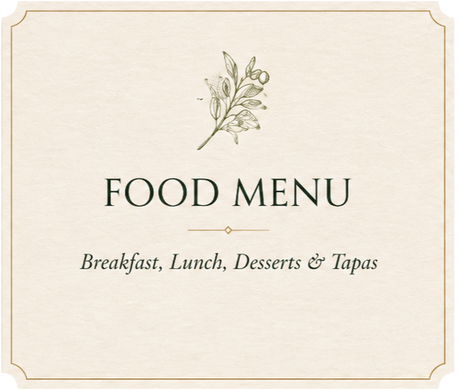 Elegant food menu with the title 'FOOD MENU' and the subtitle 'Breakfast, Lunch, Desserts & Tapas,' featuring a decorative branch illustration at the top and a subtle border.