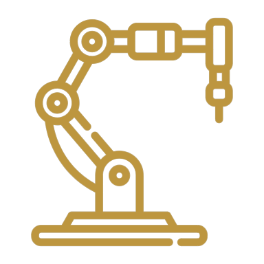 Gold-colored industrial robotic arm with multiple joints and a gripper