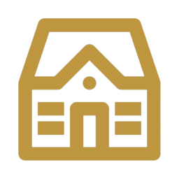 A gold-colored line drawing of a house with a peaked roof, a door in the center, and windows on either side, set against a black background.
