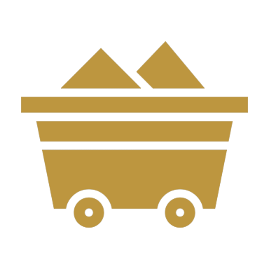 A simplified icon of a gold shopping cart filled with two triangular items, possibly representing rocks or food.
