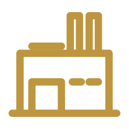 Line drawing of a factory or industrial building with smokestacks