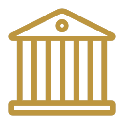 Stylized gold outline of a classical government or institutional building with columns and a triangular pediment.
