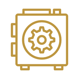 Gold outline of a safe with a gear symbol inside