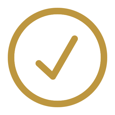 A gold checkmark inside a gold circle on a black background.