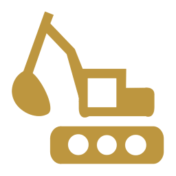 A digital icon of an excavator or construction digger in gold on a black background.