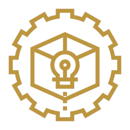 A gear encircling a light bulb inside an open box, symbolizing innovation or engineering.