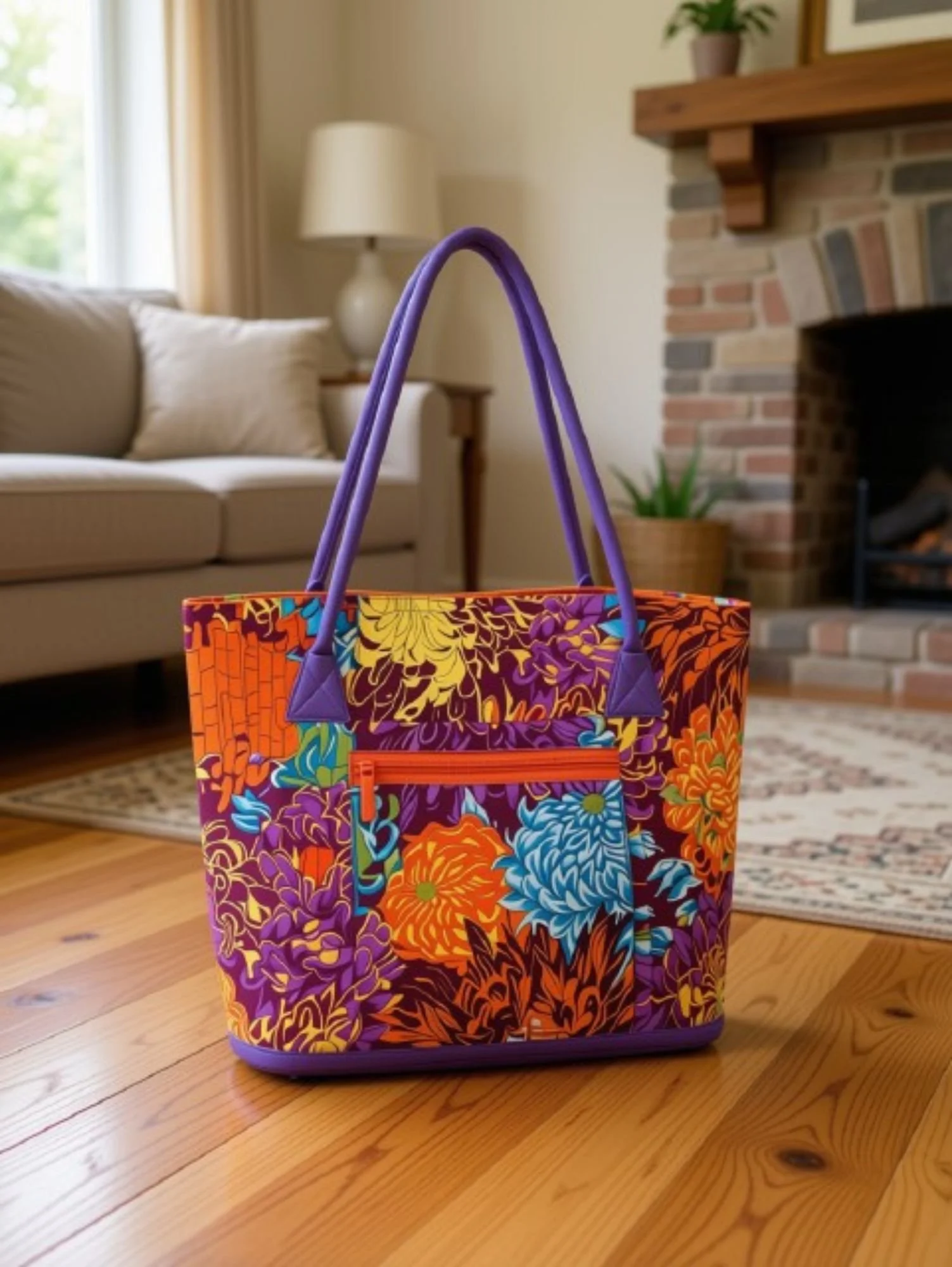 Colorful tote bag with floral pattern on a wooden floor in front of a living room with a beige couch, table lamp, and brick fireplace.