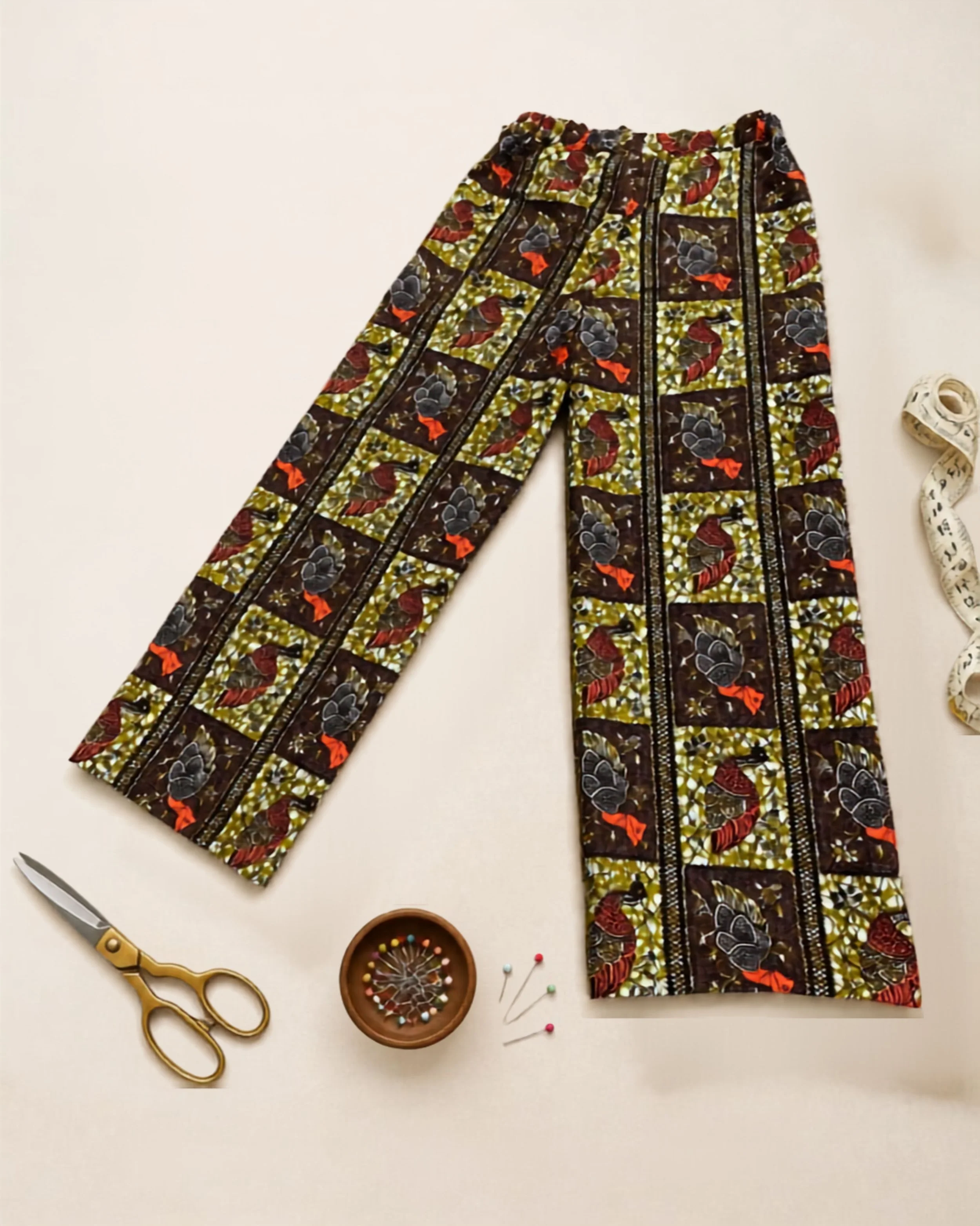 Patterned fabric with floral and leaf designs in black, red, green, and yellow colors, scissors with gold handles, a small round container with sewing pins, and separate sewing pins on a white surface.