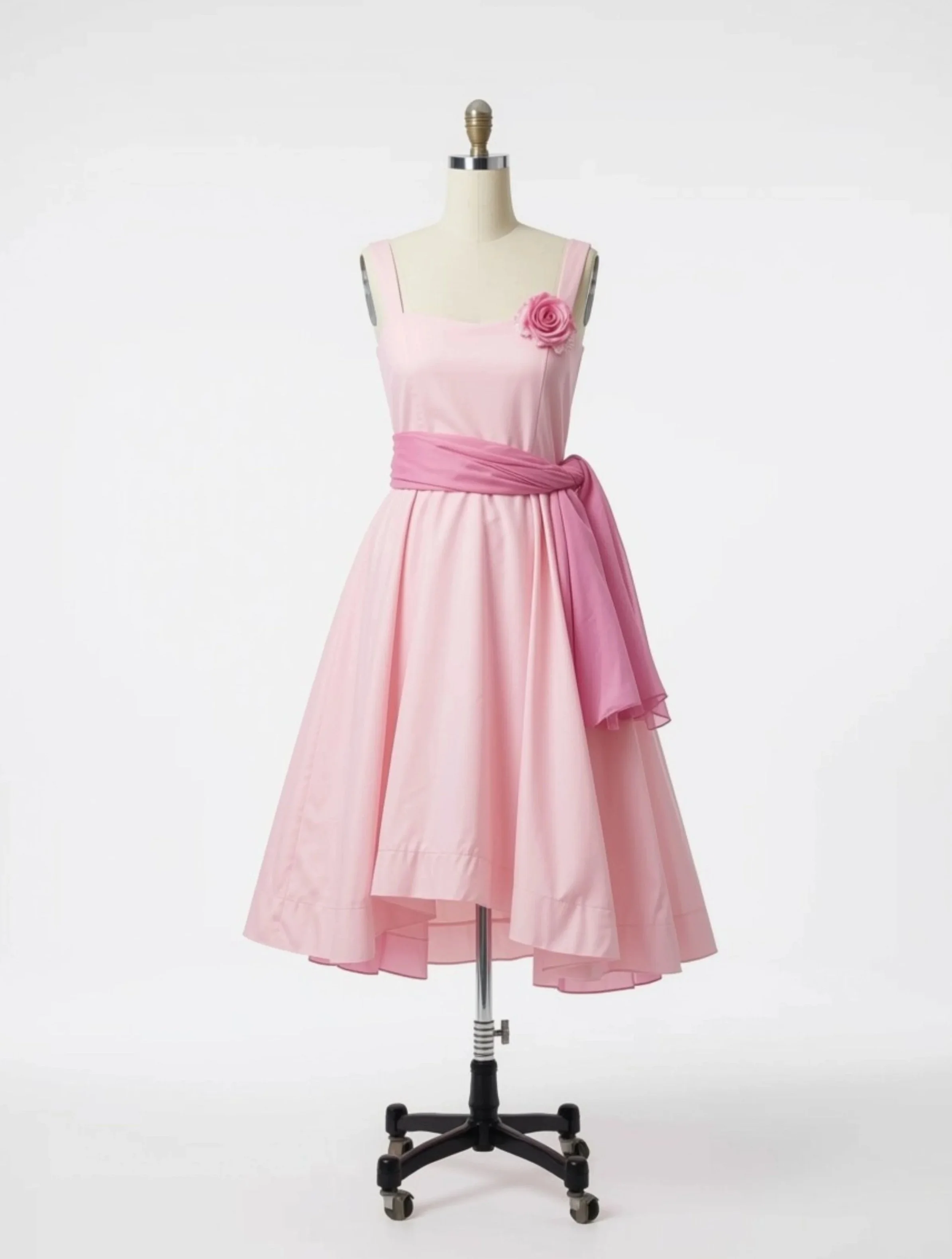 Pink sleeveless dress with a floral detail on the shoulder displayed on a dress form with a white background.