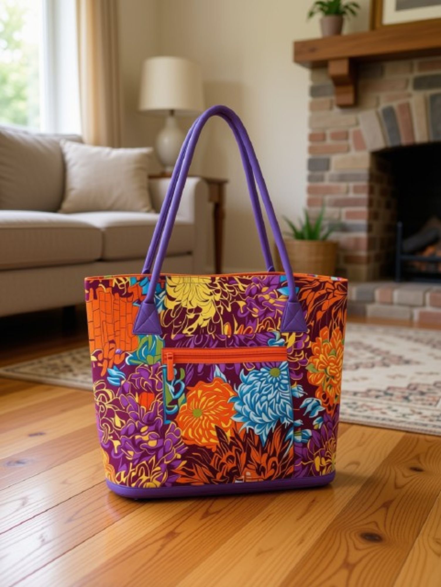Colorful tote bag with purple handles and floral pattern on wooden floor in living room.