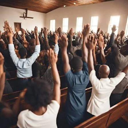 A large group of people inside a church, raising their hands during a service.