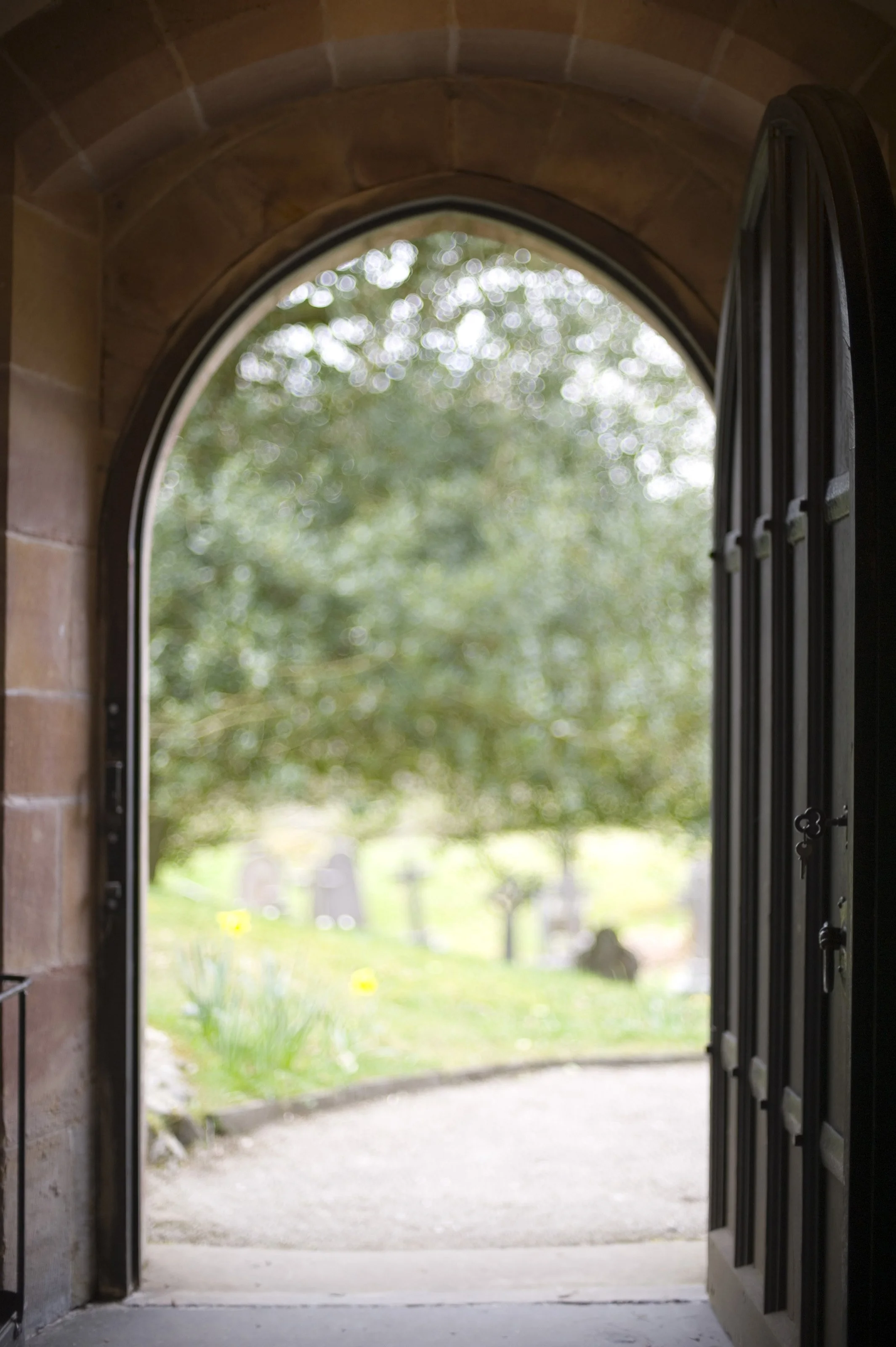 An open arched wooden door with black metal hinges and a latch, opening to a garden with green grass, trees, and yellow flowers in the background.