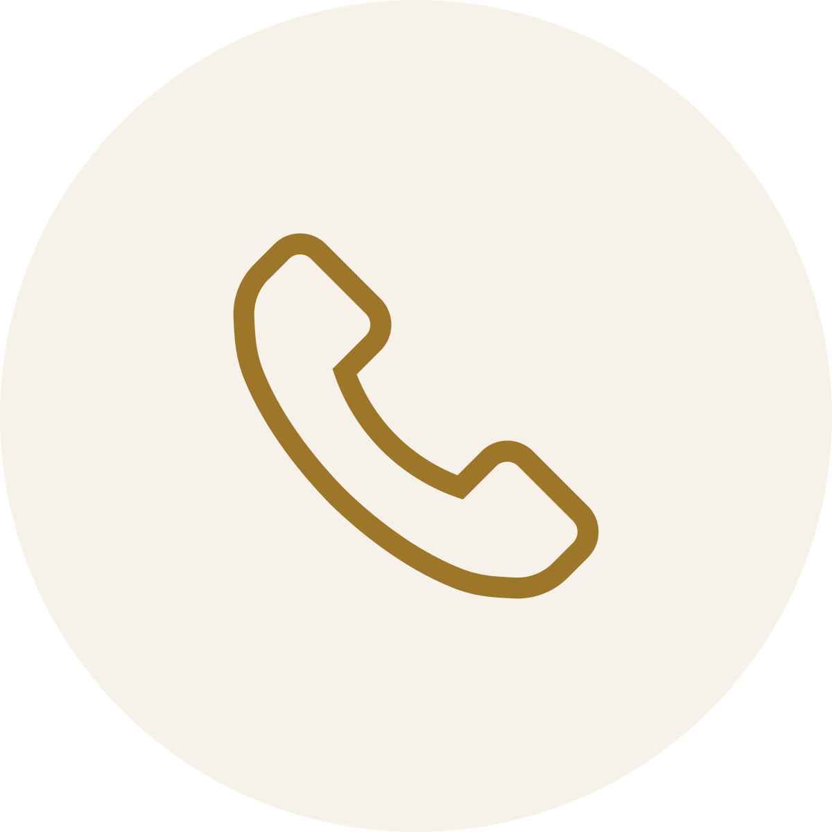 Icon of a landline telephone handset in brown on a light circular background.
