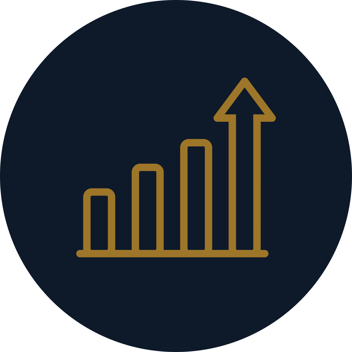 A gold-colored upward trending bar graph icon on a dark background.