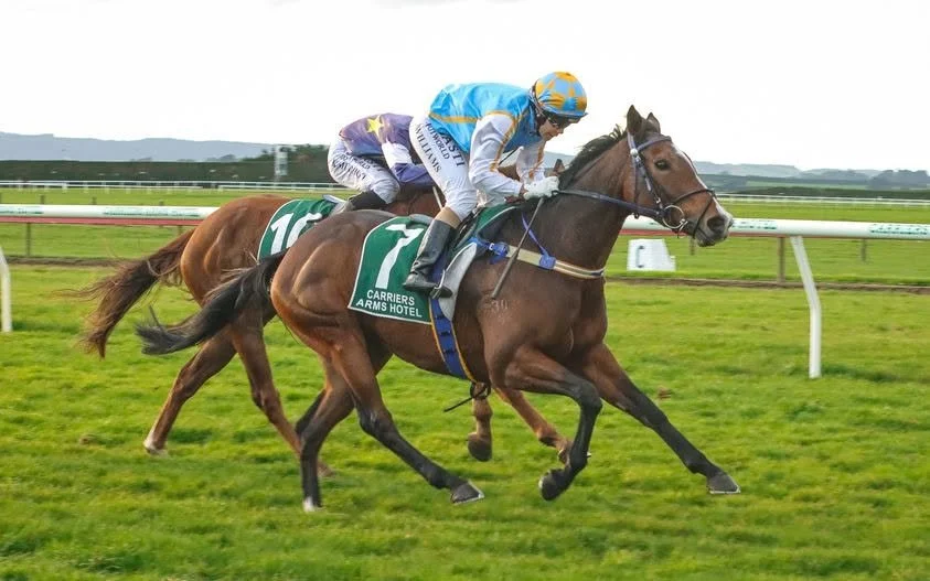 Two racehorses with jockeys in colorful uniforms competing on a grassy racetrack under an overcast sky.
