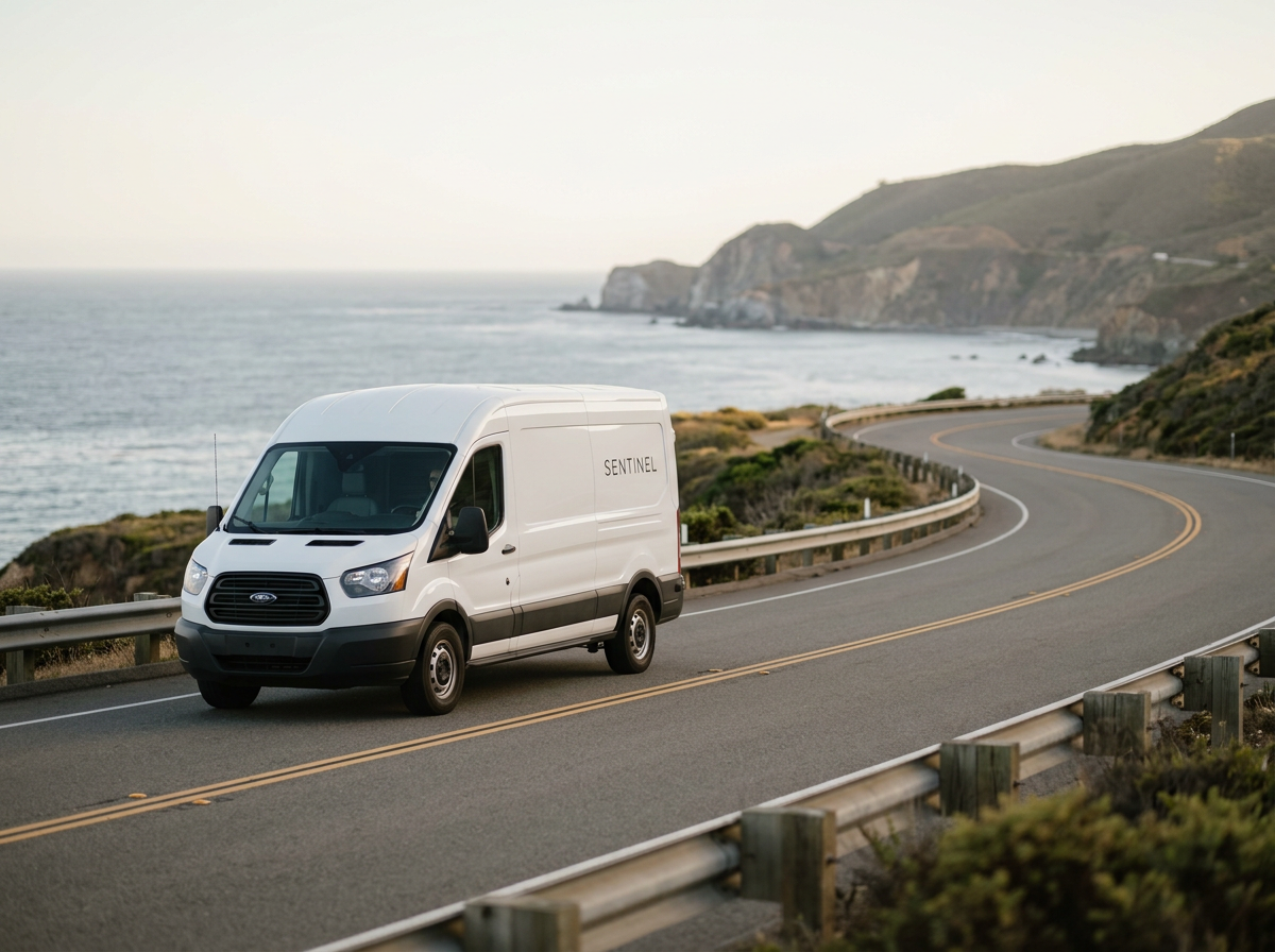 A white logistic van with the word SENTINEL on the side driving along a winding coastal road with cliffs and the ocean in the background.