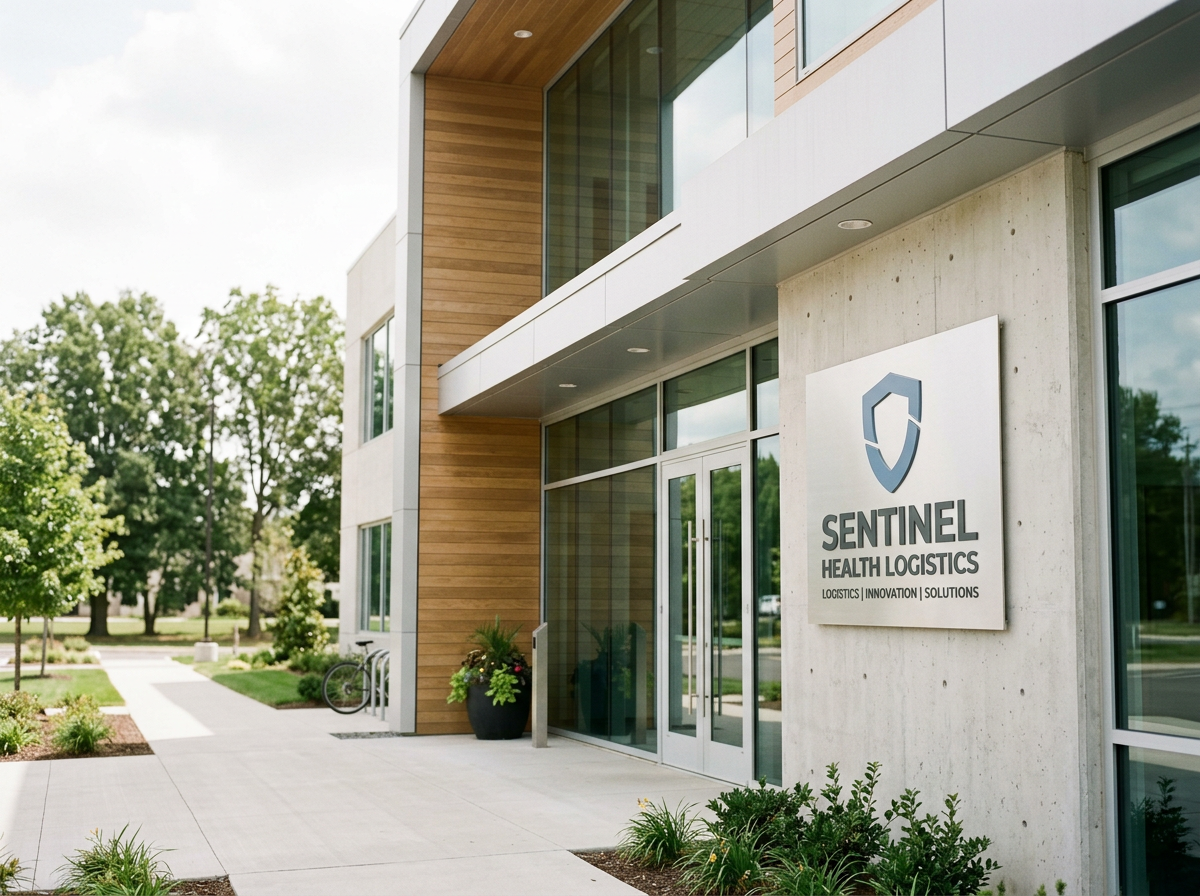 Front view of Sentinel Health Logistics building with a sign displaying the company logo and name, modern architecture with glass and wood accents, surrounded by greenery.