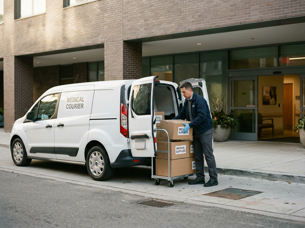 A man in a blue jacket loading cardboard boxes labeled 'Medical Supplies' into a white delivery van marked 'Medical Courier' outside a modern building entrance.