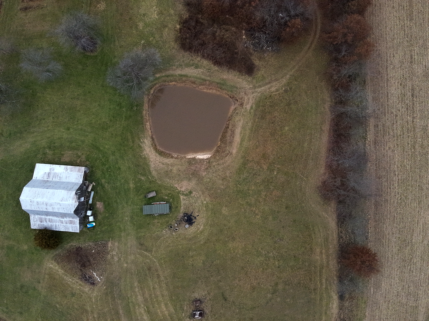 Aerial view of a backyard with a small pond, a white shed, and some trees surrounded by grass and fields.