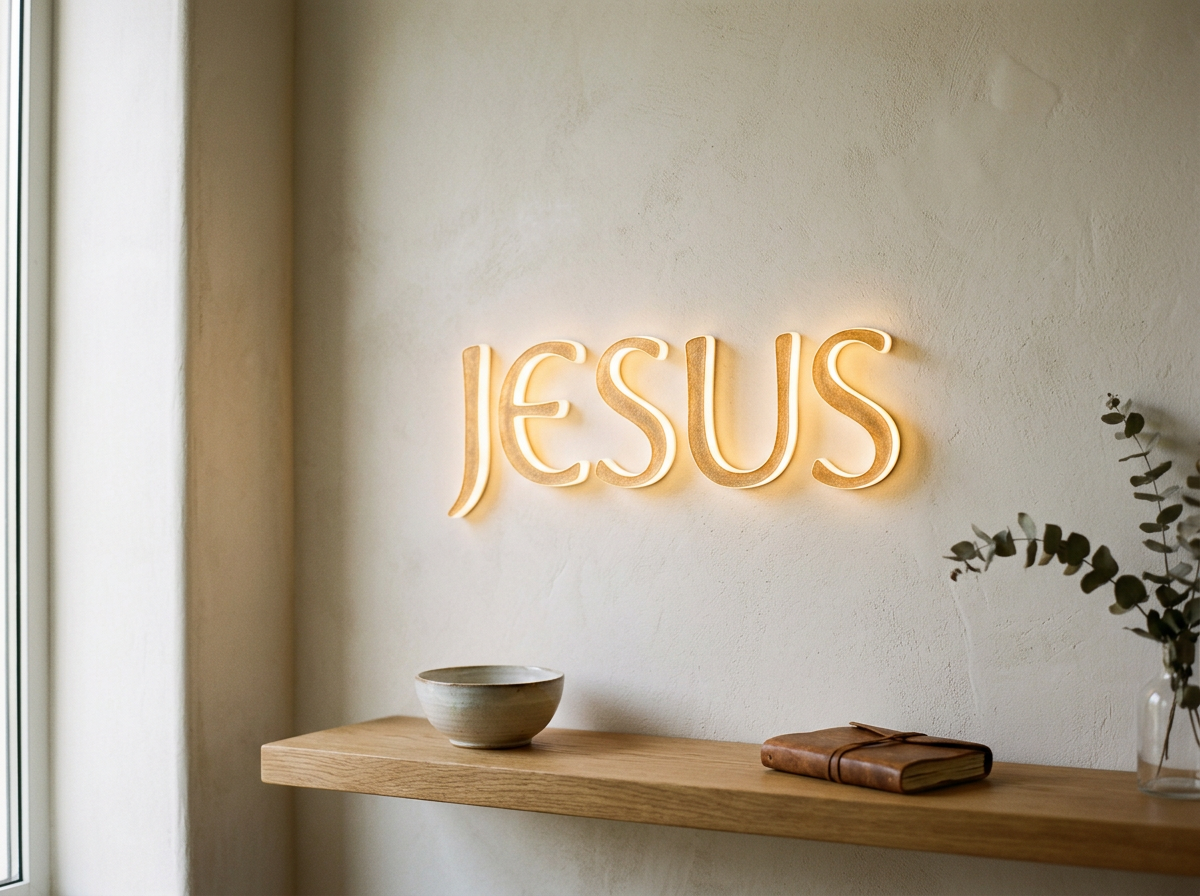 A beige wall with a illuminated word 'JESUS' in neon lights, a wooden shelf underneath holds a ceramic bowl, a leather-bound journal, and a glass vase with greenery.