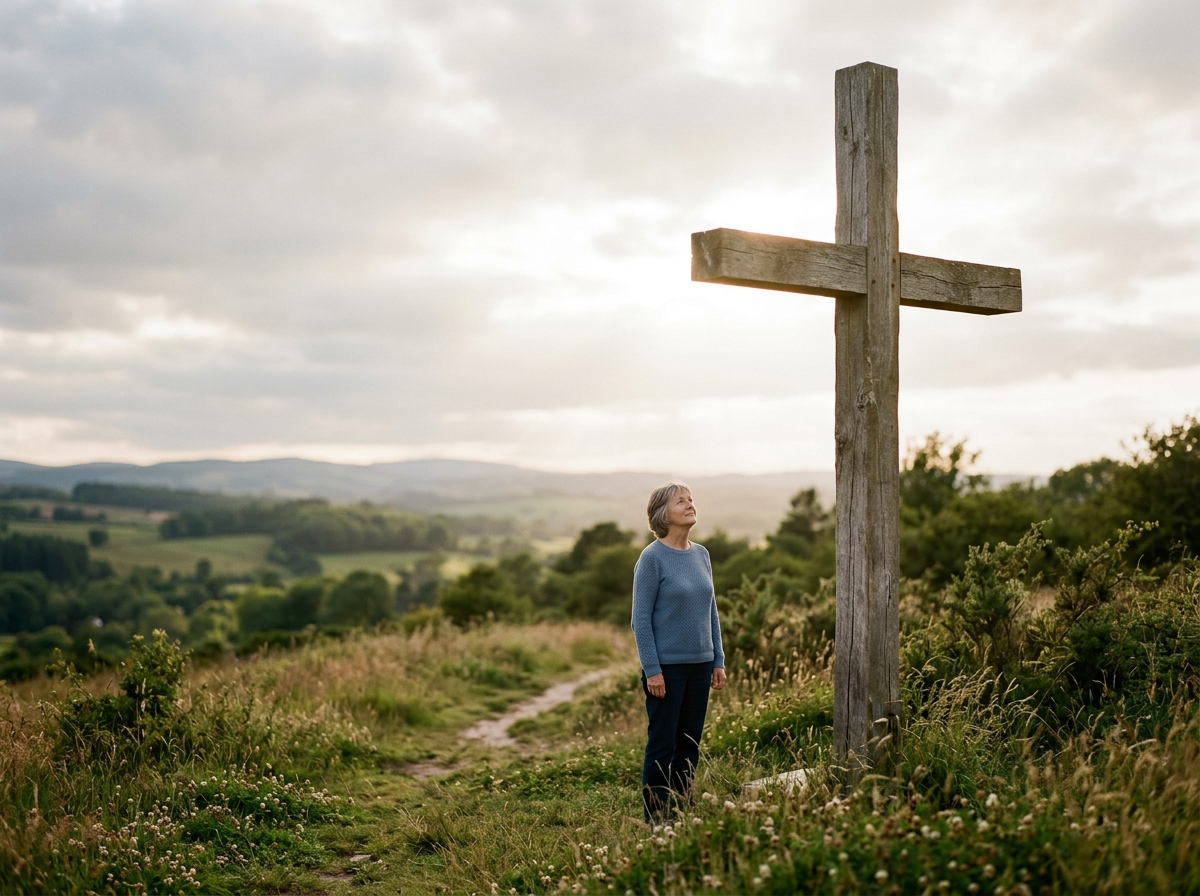 A woman standing in a field looking up at a large wooden cross under a cloudy sky.