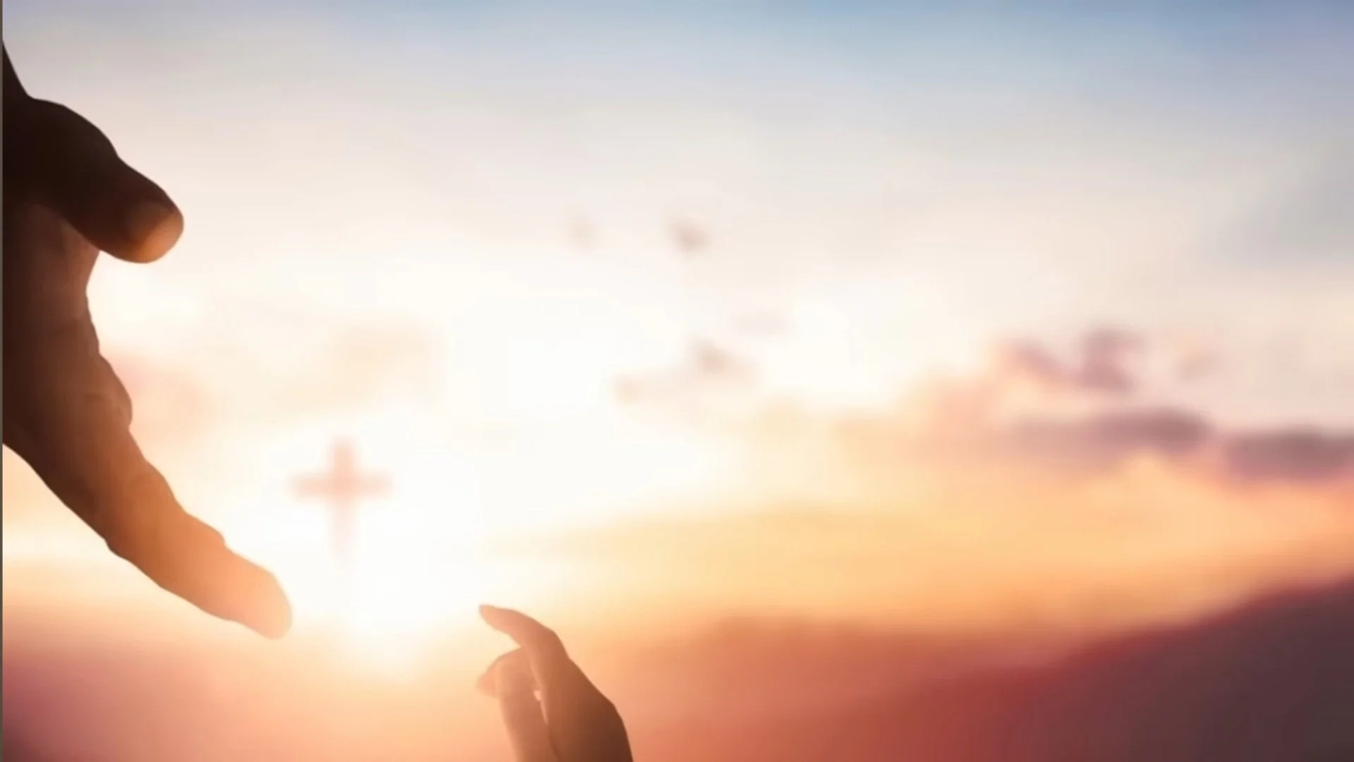 Silhouettes of hands reaching towards the sky during sunset with soft clouds in the background.