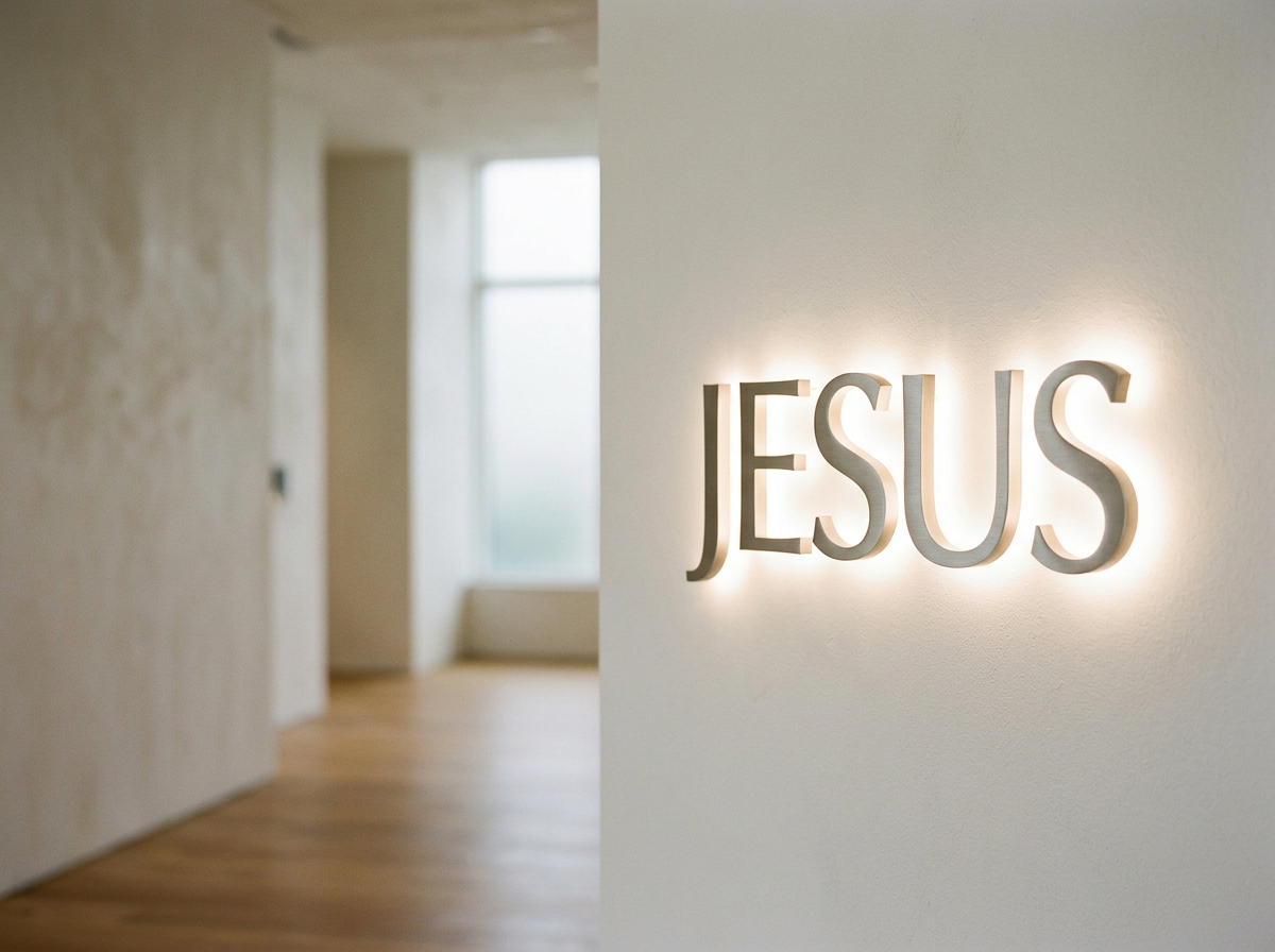 The word "JESUS" illuminated on a white wall in a modern interior space, with a window in the background.