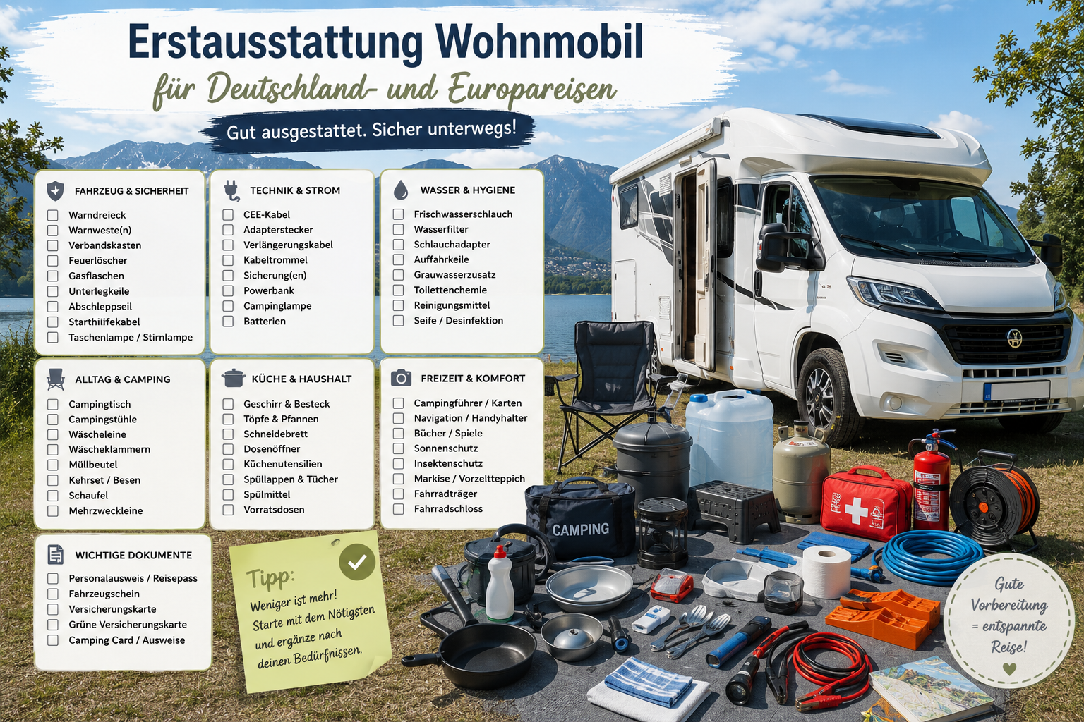 Wohnmobil-Erstausstattung: Was du für Deutschland und Europa wirklich brauchst