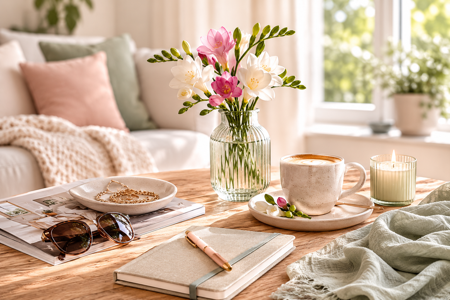 Ein Tisch mit Kaffee, Blumen, eine brennende Kerze, ein Notizbuch.