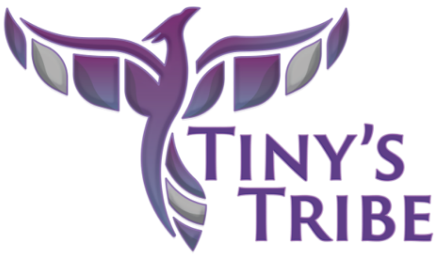 Logo of 'Tiny's Tribe' with a purple bird and stylized leaves.