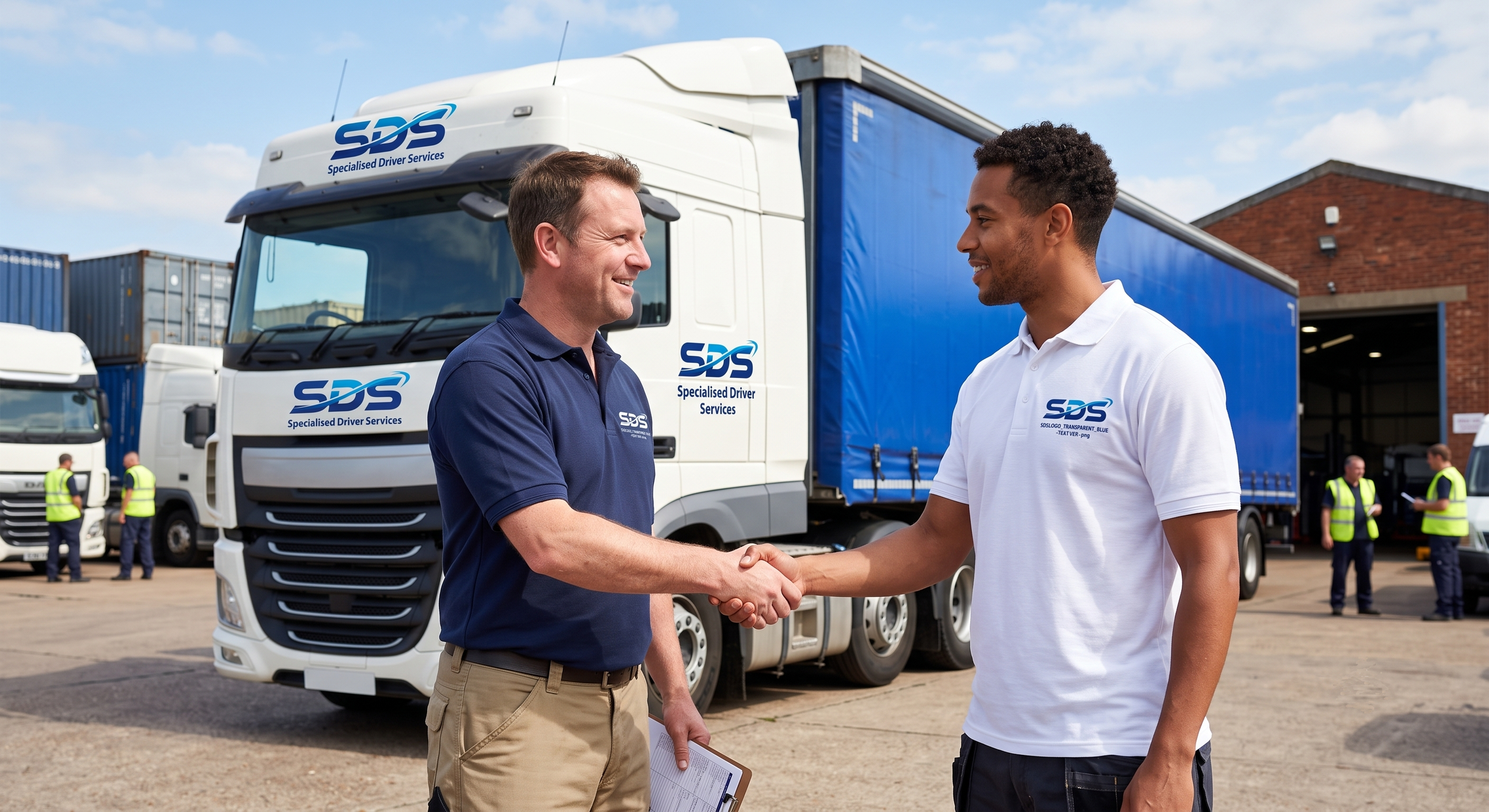 Two men shaking hands in front of trucks, with several people in safety vests in the background at a transportation or logistics facility.