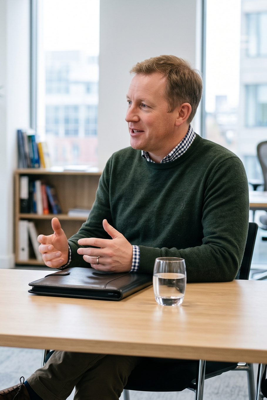 A man in a green sweater and checked shirt talking during a meeting in a modern office, with a glass of water and a black portfolio on the table.