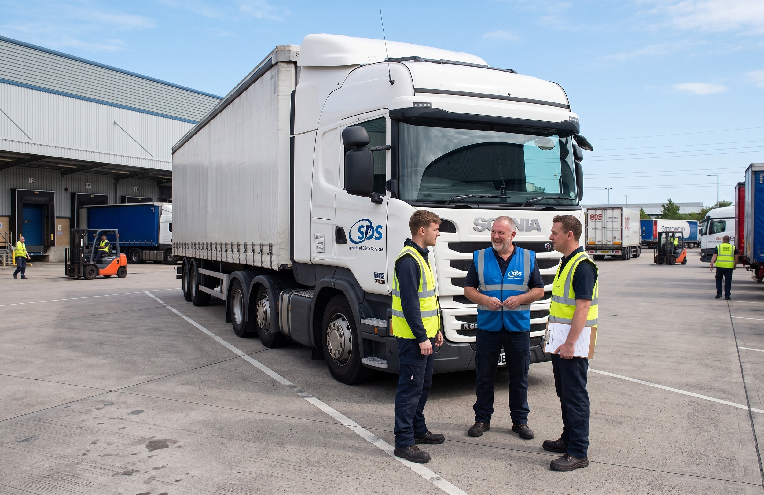 Three men in safety vests standing and talking next to a large white truck in a warehouse parking lot with other trucks and warehouse building in the background.