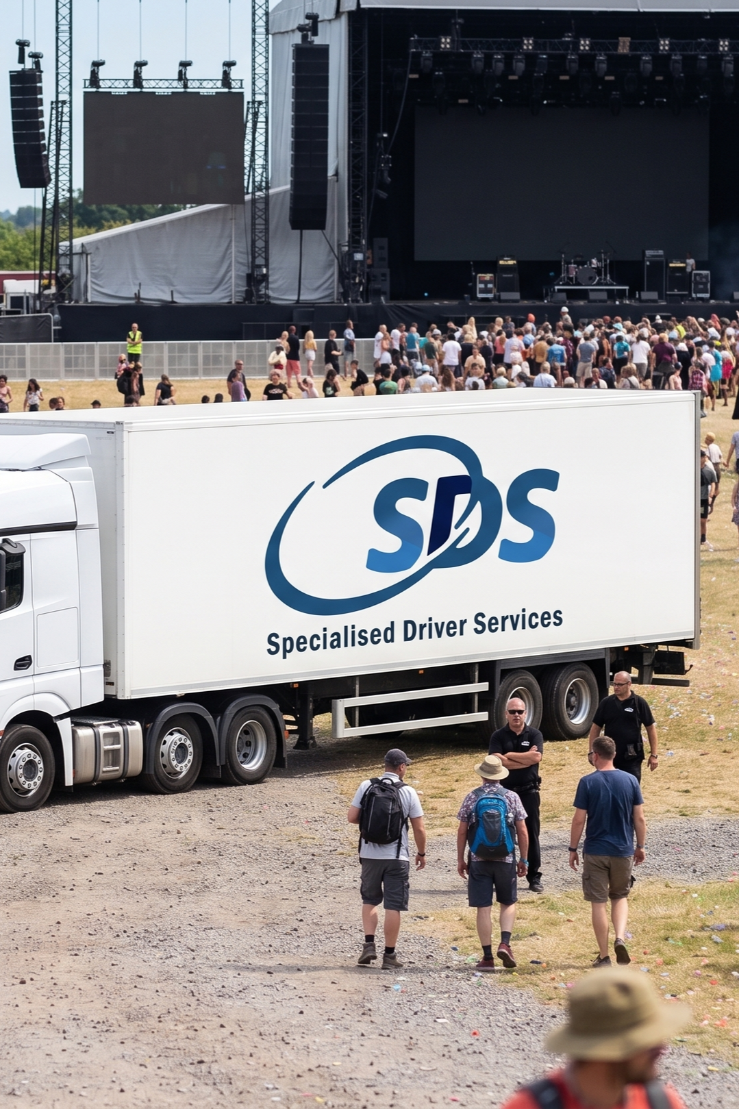 A large outdoor concert stage with a crowd of people gathered in front. A white truck labeled 'SDS Specialised Driver Services' is parked nearby, with a few security or staff members standing close to the truck. Some attendees are walking toward the stage, and security personnel are monitoring the area.