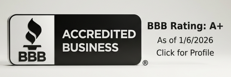 BBB accreditation label for business, with BBB logo, business accreditation, and rating A+ as of January 6, 2026.