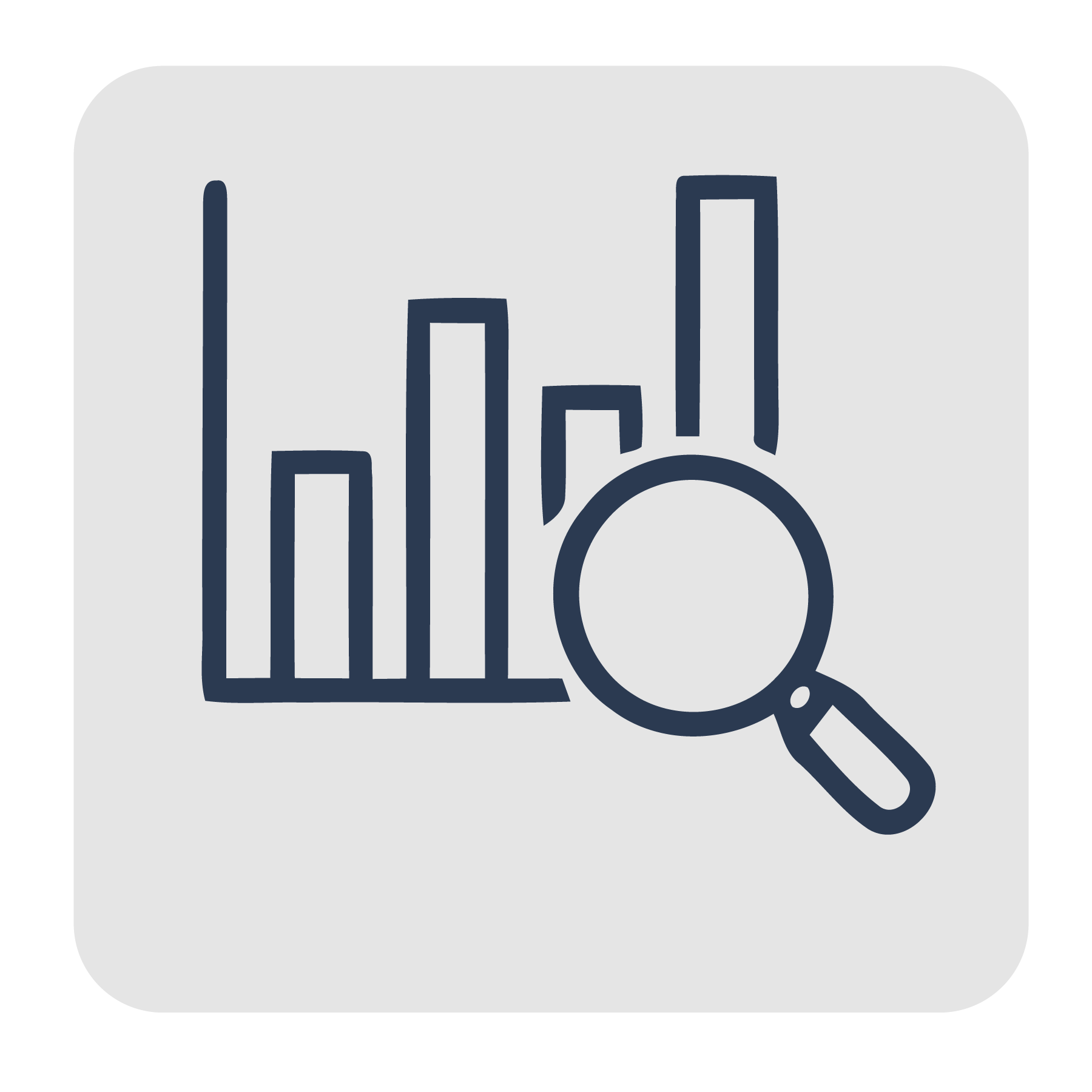 Icon of a magnifying glass over a bar chart with five vertical bars of different heights.