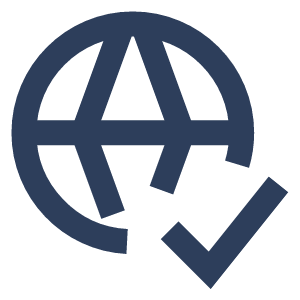 Icon of a globe with a checkmark overlay.
