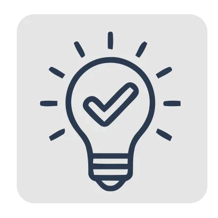 Icon of a lightbulb with a check mark inside, surrounded by a circle of rays, symbolizing bright ideas or solutions.