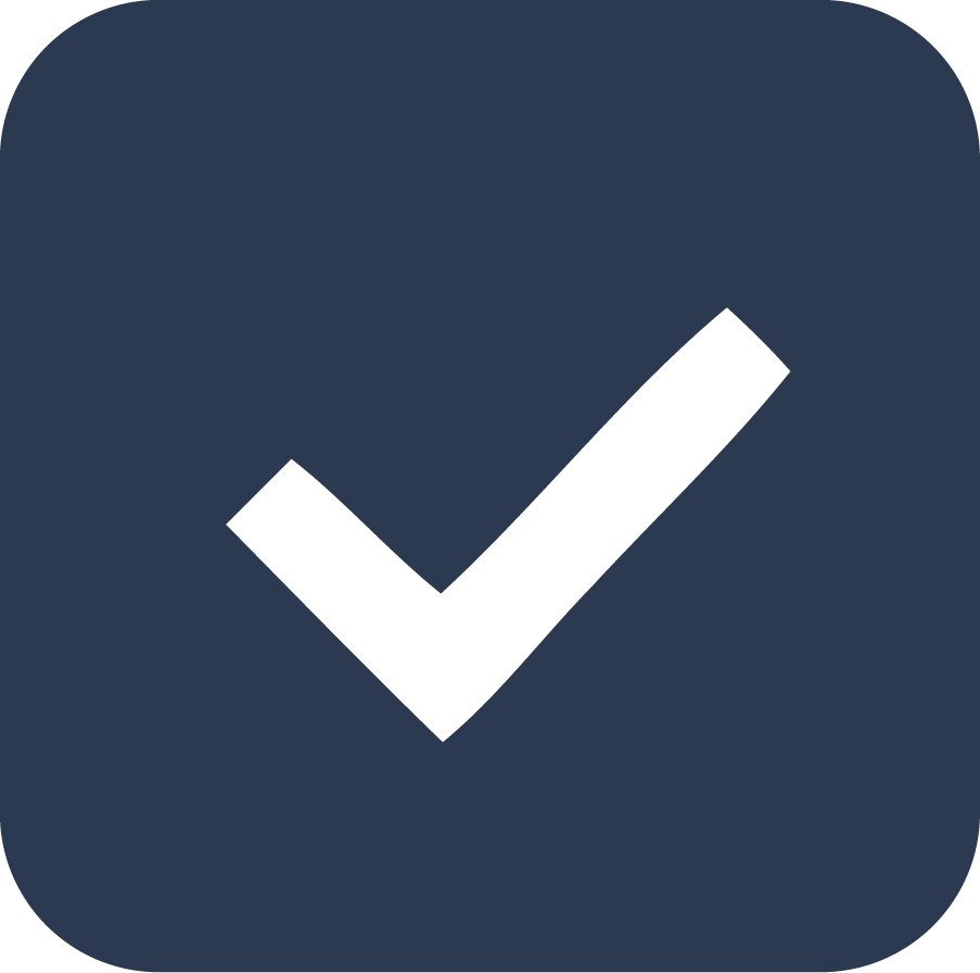 White check mark inside a dark blue rounded square.