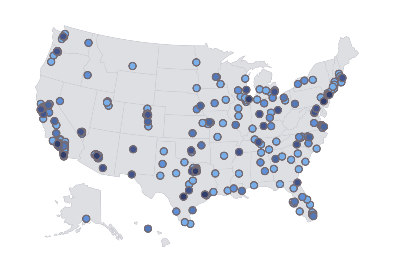 Map of the United States showing numerous blue dots indicating locations across the country, including the West Coast, East Coast, Midwest, South, and Alaska.