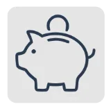 Outline icon of a person standing behind a large piggy bank, symbolizing savings or financial savings.
