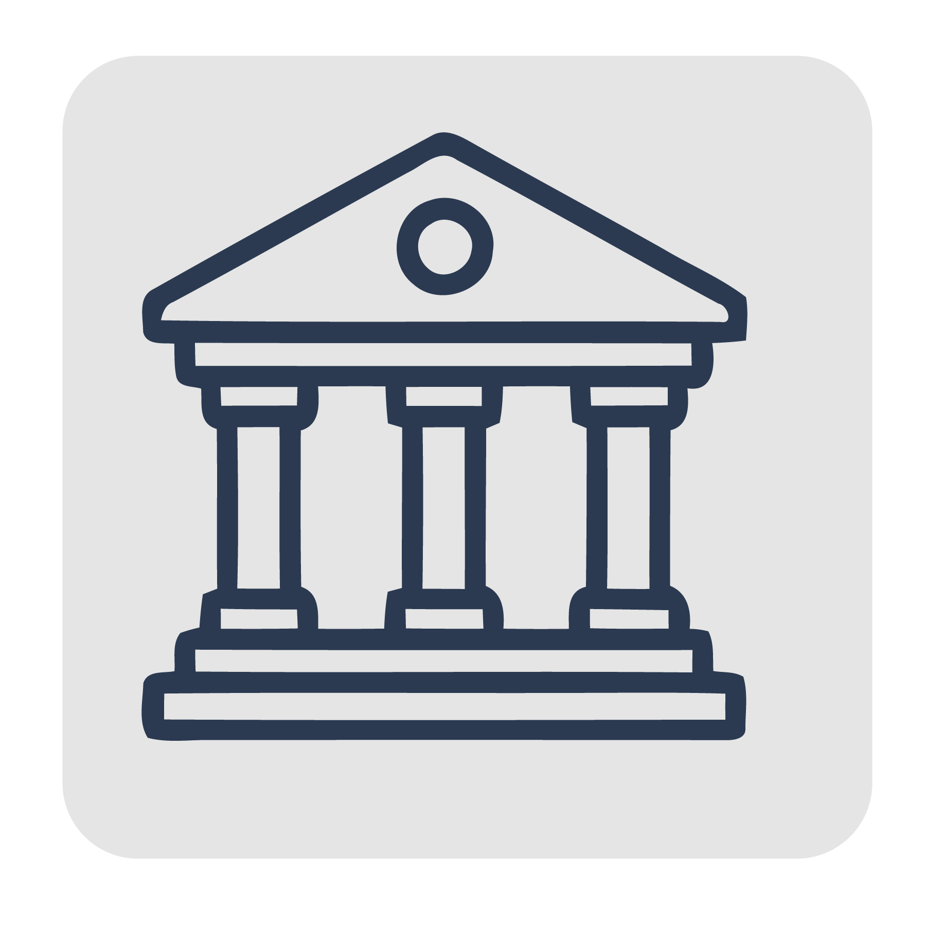 Outline illustration of a classical Greek temple with columns and triangular pediment, on a rounded square background.