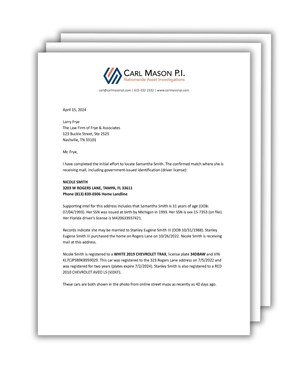Photo of a formal investigation report letter from Carl Mason P.I. addressed to Larry Frye, dated April 15, 2024, with details about locating Sandra Smith and information on her car and personal data.
